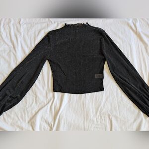 Lulus Sparkle Here and There Black Mesh Long Bishop Sleeve Crop Top Sz XS